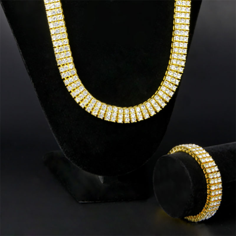 Whosales_3 Row Simulated Diamond Bling Tennis Chain Necklace and 8inch bracelet Set Mens Gold Silver Plated Iced Out Hip Hop Jewelry