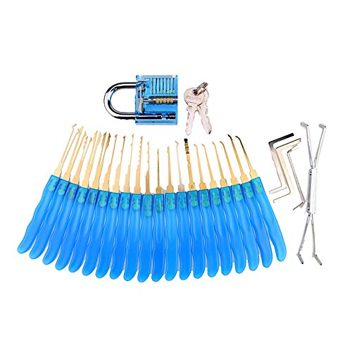 24 Piece Premium Titanium Lock Picking Tool Set Lock Pick Set with Transparent blue Padlock Locksmith Tool for Locksmith skill training
24 Piece Premium Titanium Lock Picking Tool Set Lock Pick Set with Transparent blue Padlock Locksmith Tool for Locksmith skill training