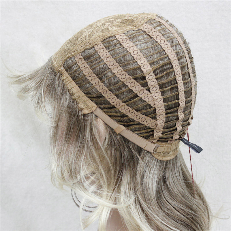 16 inch Lady Women Blonde With Dark Root Medium Length Cascaded Layers Synthetic Hair Full Wig