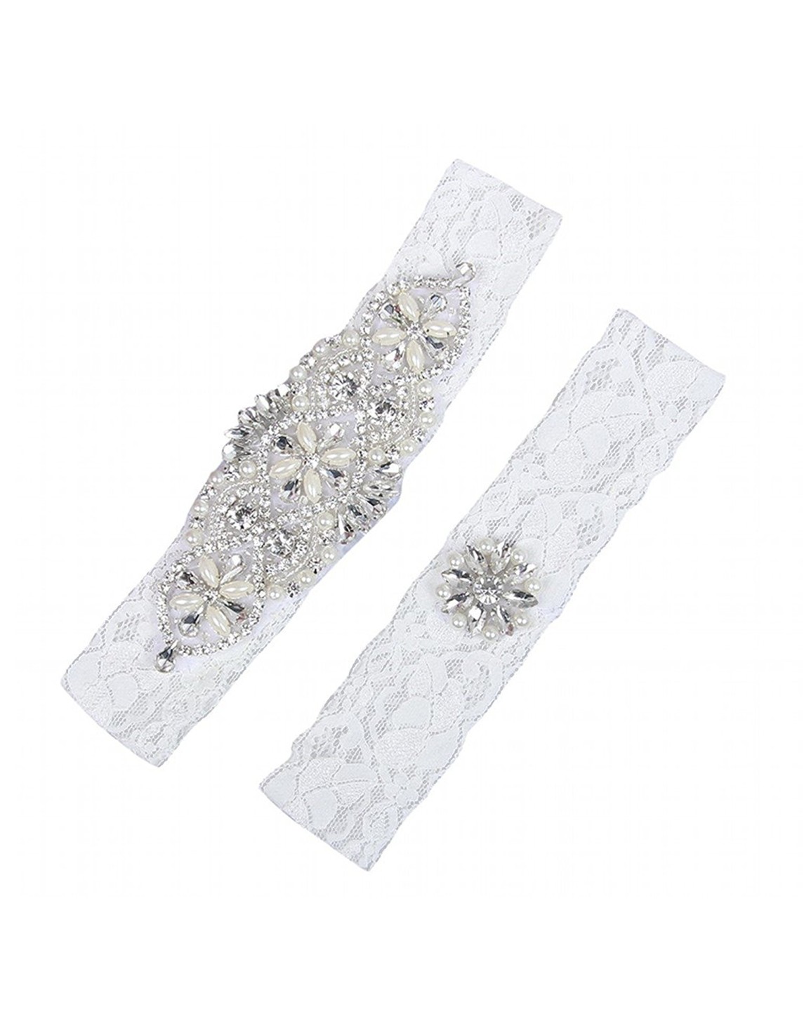 2 Pieces Lace Bridal Garters Belt Set Handmade Rhinestones Pearls Vintage White Wedding Garters In Stock