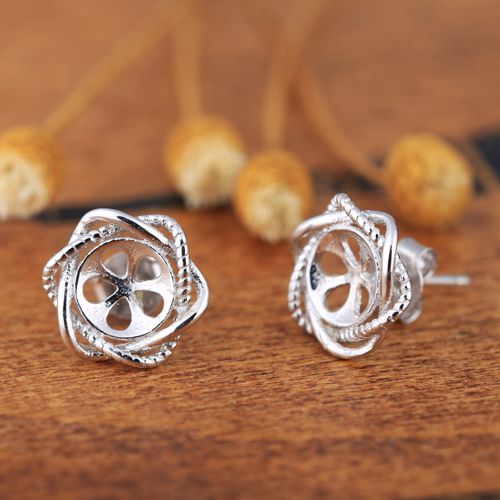 Art Nouveau Fine Silver 925 Sterling Silver Plated White Gold 6mm Pearl or Round Bead Semi Mount Women Stud Earrings Elegant Fine jewelry