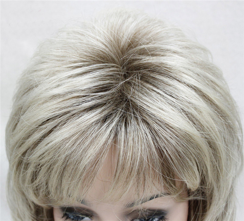 16 inch Lady Women Blonde With Dark Root Medium Length Cascaded Layers Synthetic Hair Full Wig
