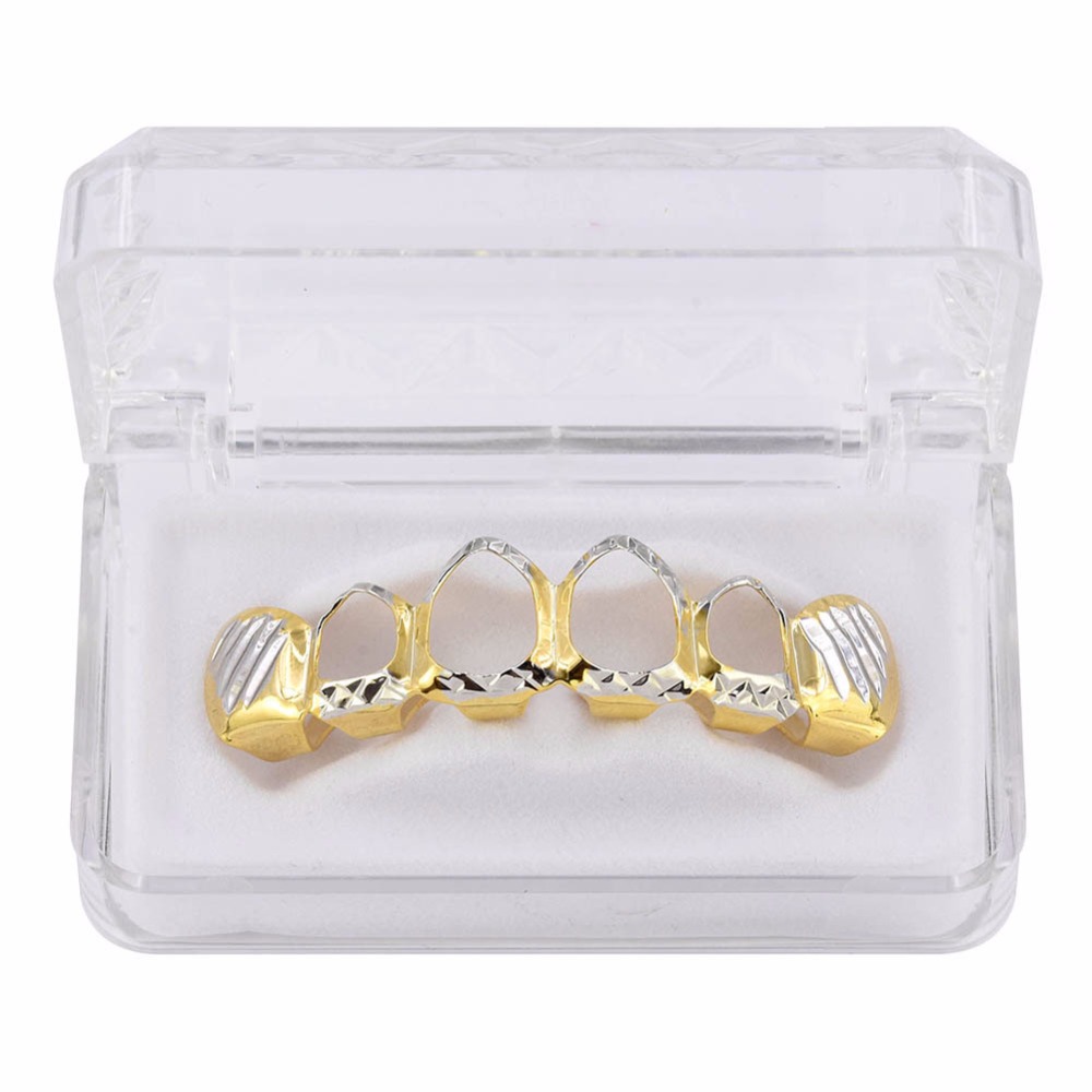 New Gold Silver Hollow Open Dlampnd Cut 6 Tooth Top Bottom Grills Teeth Caps Tooth HipHop GRILLZ Set Party Jewelry