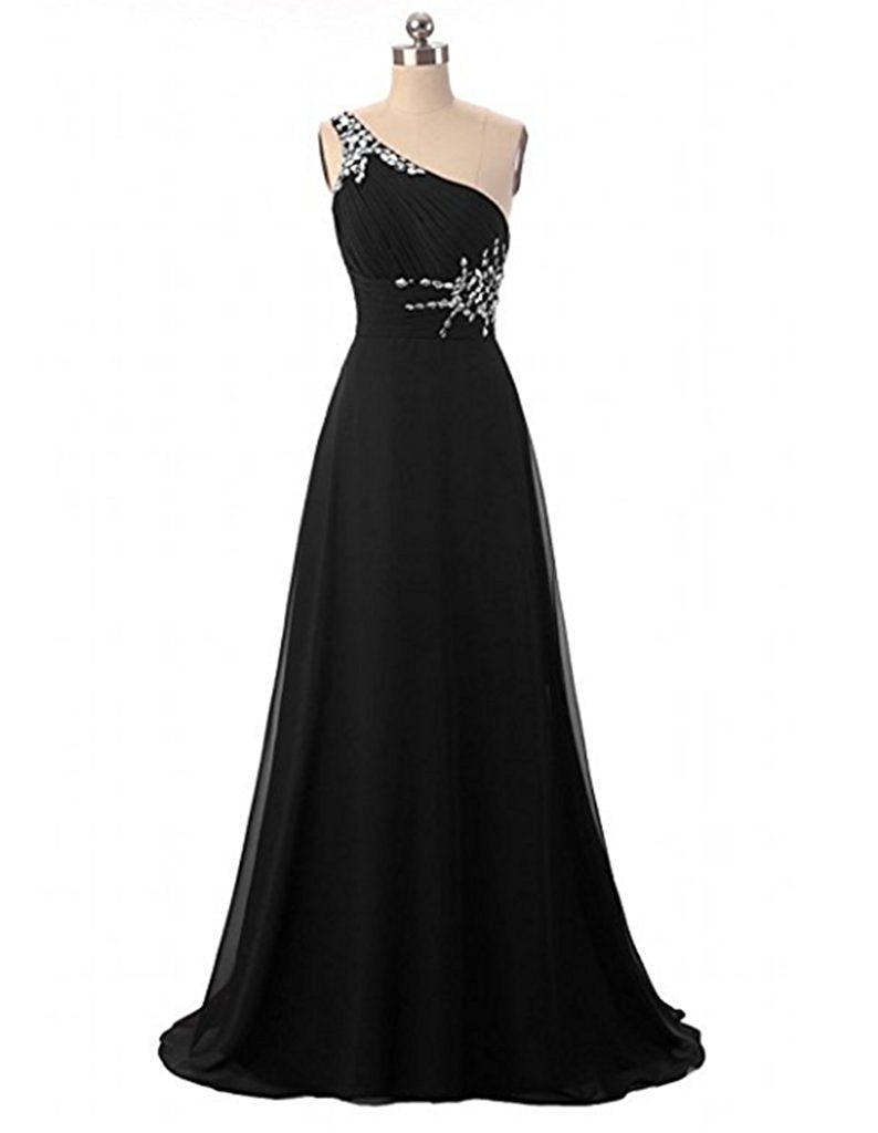 2017 New Red Chiffon Prom Dresses Beaded Crystals One Shoulder Floor-Length Party Dress Floor-Length Evening Formal Long Party Gown BM79