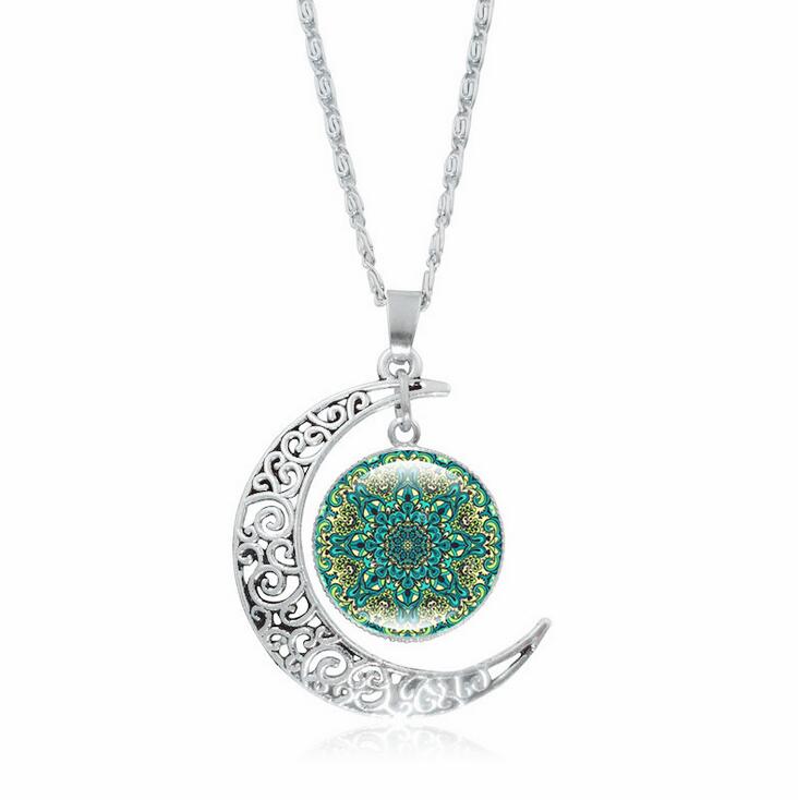 Free ship Bursts of mandala flower gemstone necklace silver half moon pendant jewelry WFN197 (with chain) mix order 20 pieces a lot