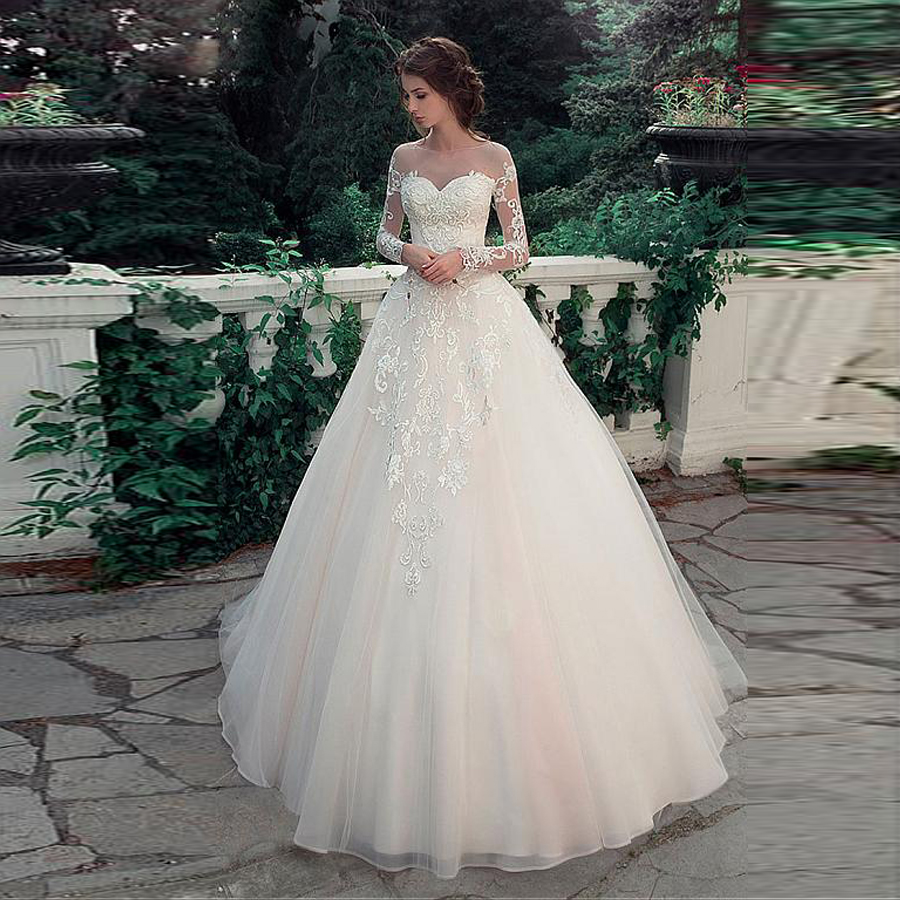 Glamorous Tulle Satin Bateau Neckline A-Line Wedding Dresses With Lace Appliques Long Sleeves Bridal Dress vestido de noiva, Ivory
Glamorous Tulle Satin Bateau Neckline A-Line Wedding Dresses With Lace Appliques Long Sleeves Bridal Dress vestido de noiva, Ivory