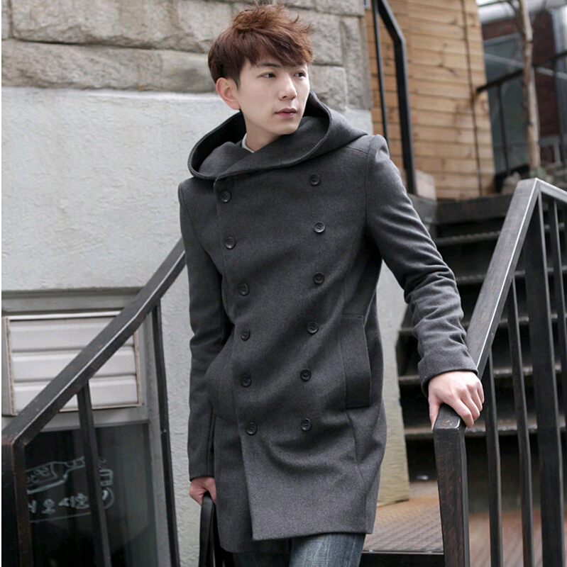 Wholesale- Men Overcoat,Grey Black Navy Blue 2016 Fashion Cheap Mens Pea Coat With Hood Double Breasted Long Wool Trench Coat