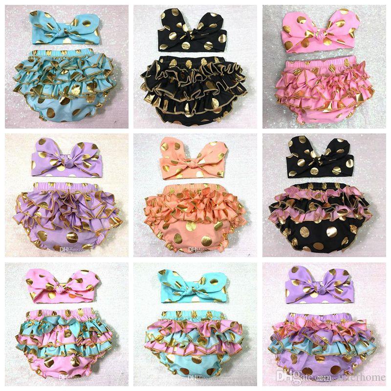 

Girls Bloomers Headbands Set Baby Children Gold Polka Dot Hairband Ruffled Kids Shorts Cotton Underwear Girl Boutique Diaper Covers F441, 12 colors;remark your choice