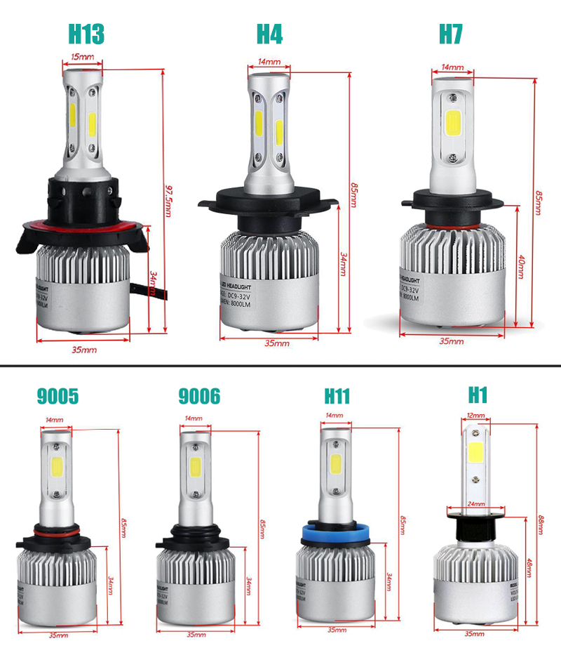 High Lumen S2 8000LM Car LED Headlights H4 H7 H1 H3 9006 Auto Lamp 72W High Beam Bulb H8 H11 Light 2Pcs/lot