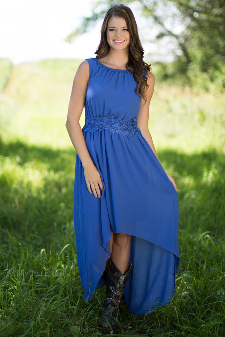 Blue High Low Lace Country Bridesmaids Dresses Bateau Neck Wedding Guest Dress Appliques Cheap Chiffon Maid Of Honor Gowns