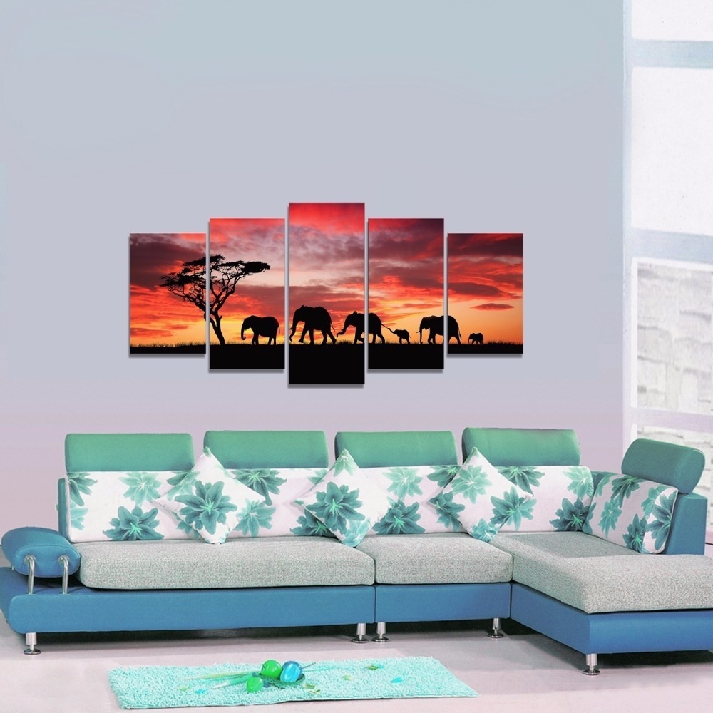 5Panel Modern Africa Elephant Landscape Oil Painting on Canvas for Living Room Wall Art Gift Decoration Home No Frame