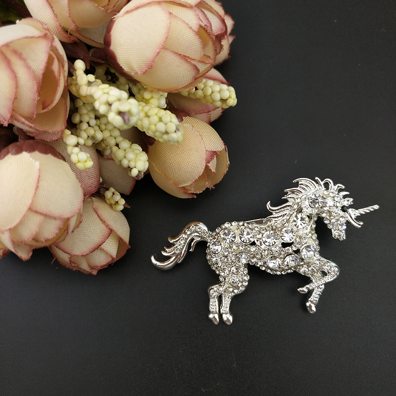 50pcs 58mm unicorn horse brooch pin silver tone clear rhinestone crystal brooches pretty animal wedding party jewelry pins