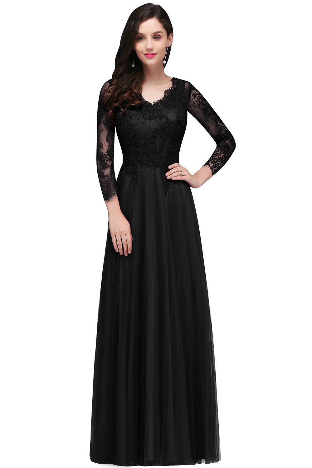 V Real Image Neck Long Sleeves Lace Evening Dresses Tull Backless A E Or Length Formal Party Prom Gowns In Stock CPS 0227Lz