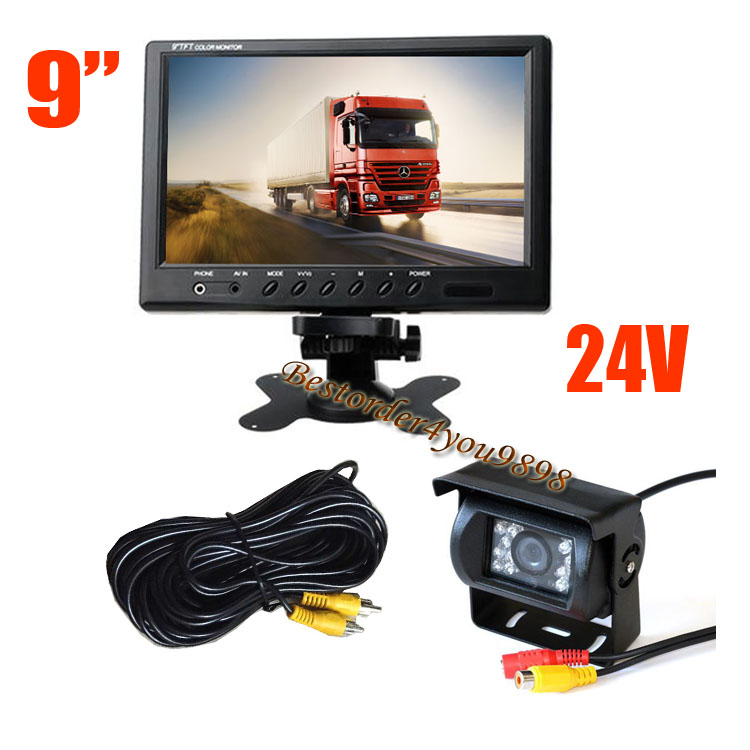 12V-24V 9" LCD Monitor Car Rear View Kit + 18LED IR Reversing Backup Camera for Long Bus Truck Waterproof