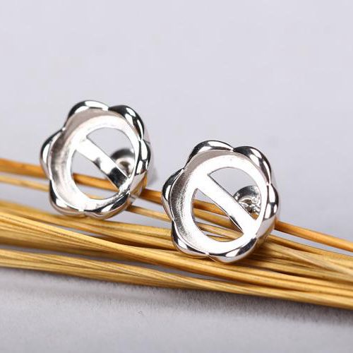 Fine Silver 9x9mm Round Cabochon Semi Mount Engagement Stud Earrings 925 Sterling Silver