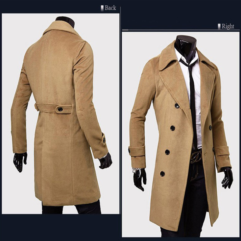 New Brand Winter mens long pea coat Men's wool Coat Turn down Collar Double Breasted men trench coat black brown grey size M-XXXL