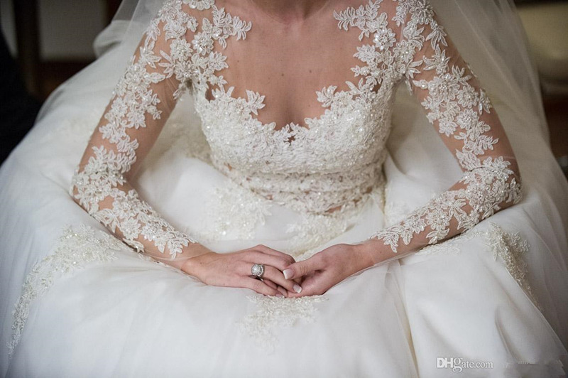 Christian Dresses Illusion Lace Dress Long Sleeve Sheer Neck Wedding Gowns Beaded Appliques Bridal Gown Vestidos De 0510