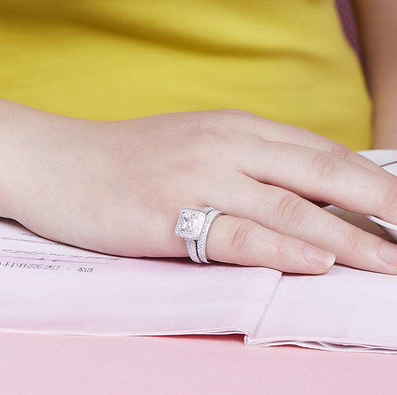 Size 5-10 Luxury Jewelry Pure 100% 925 Sterling Silver Princess Cut White Sapphire Gemstones CZ Diamond Women Wedding Couple Ring Set Gift