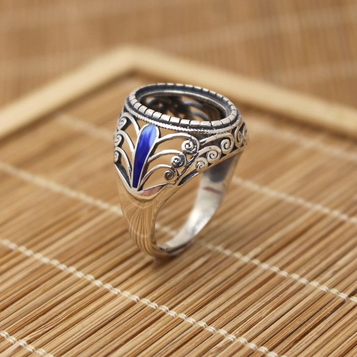 Fine Silver Sterling Silver 925 Cloisonne Enamel 12x16mm Oval Cabochon Semi Mount Ring