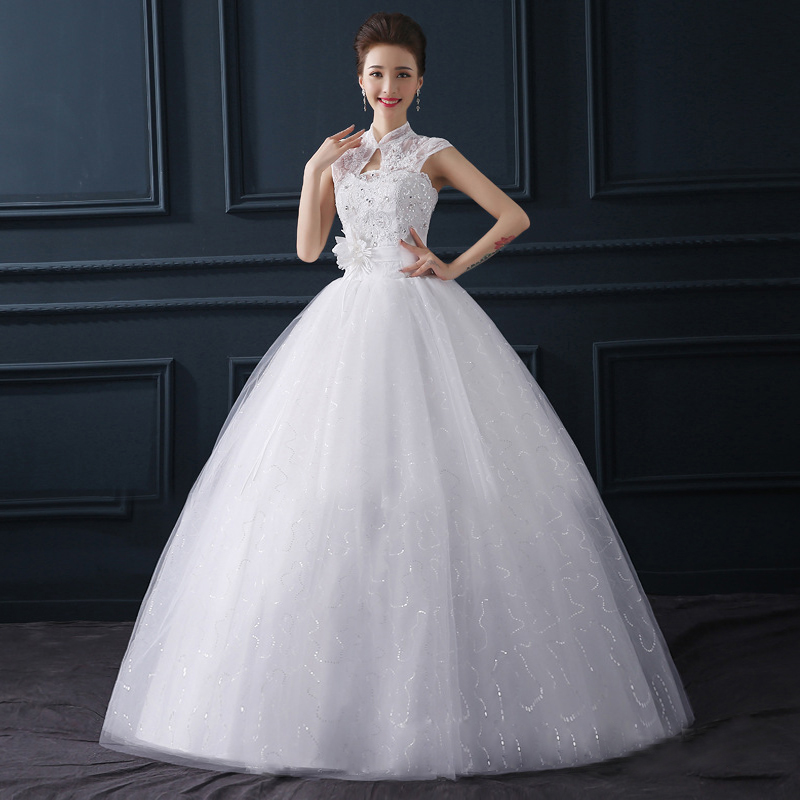 Brand New Wedding Dresses Ball Gown Formal Wedding Gowns with Flower Cap Sleeve Glamorous High Neck Keyhole Vestidos De Novia Bridal Gown