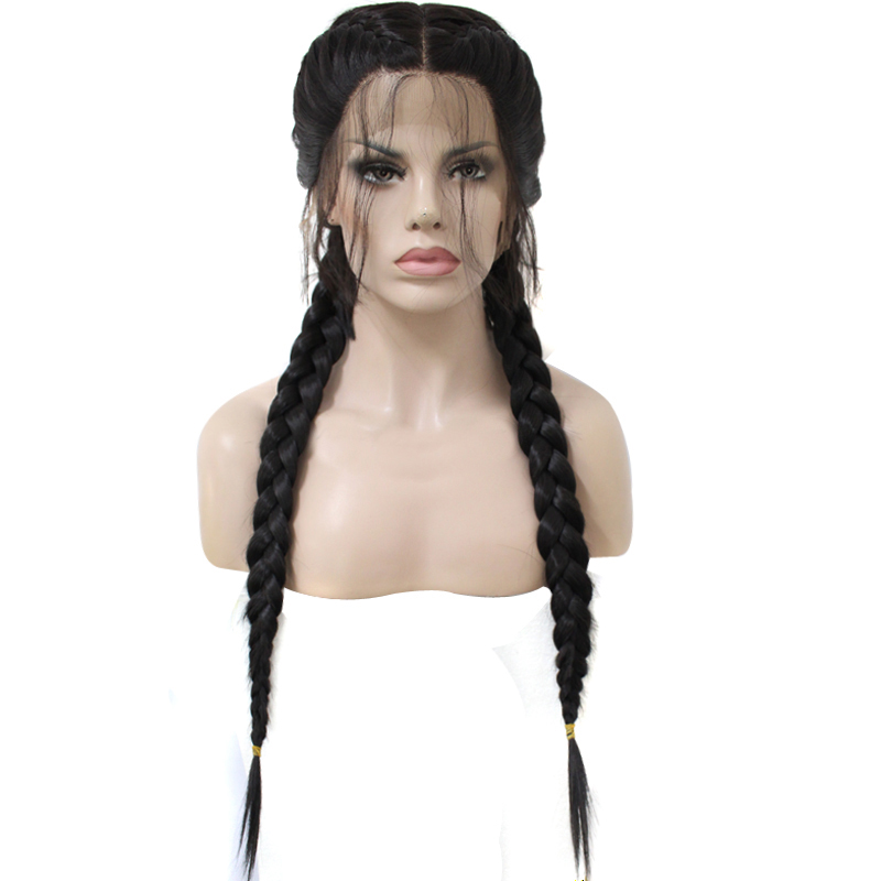 High Temperature Fiber Brazilian Wigs Middle Part Long Straight Black Synthetic Braided Lace Front Wig with Baby Hair