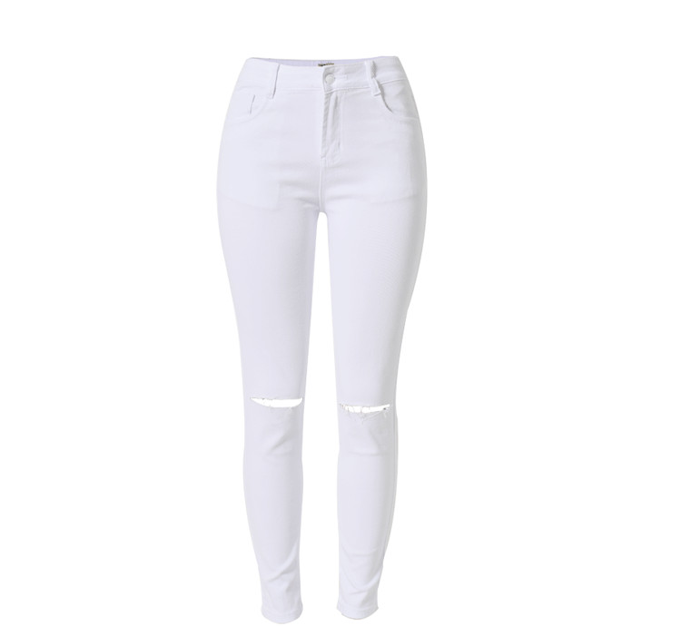 Wholesale- Sexy hole ripped skinny high waisted pencil jeans white trousers leggings pants full length plus size for women womans feminina
