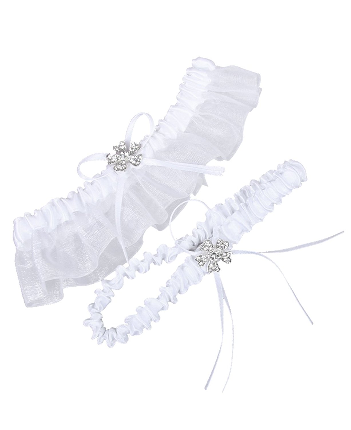 White Bridal Garters Belt Organza Sexy Feminine Crystals Wedding Leg Garters Bow 2 Pcs Set Prom Homecoming Free Size 15-23 Inches White