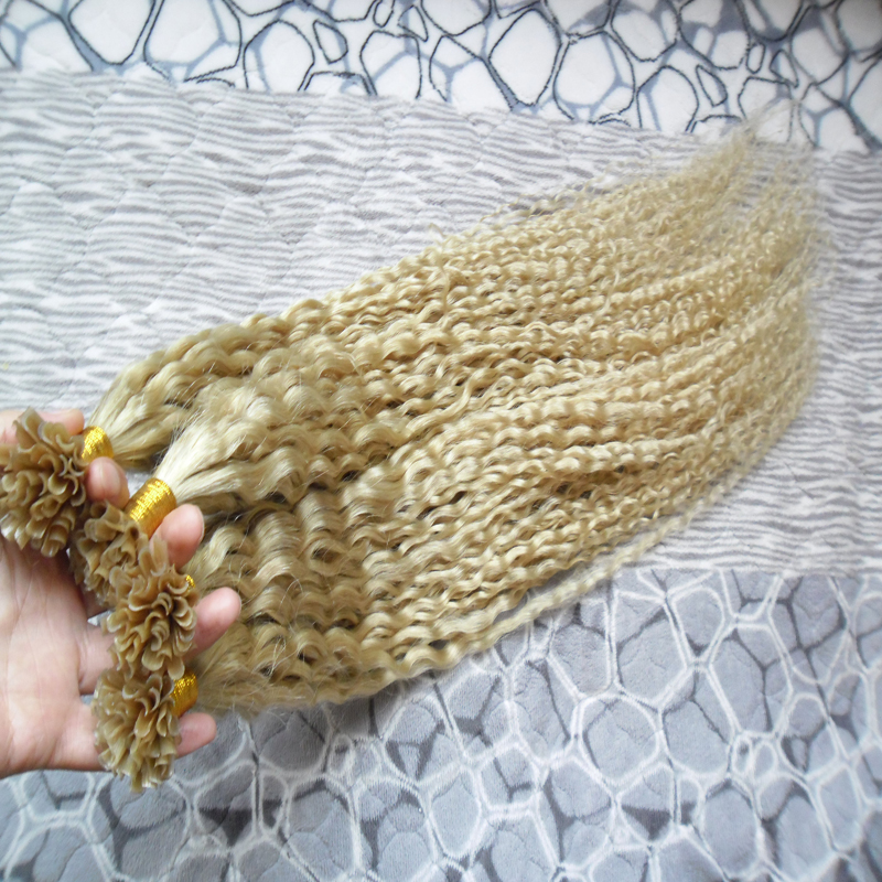 Blonde human hair Keratin stick tip hair extensions 200s curly keratin bond hair extensions pre bonded u tip extensions 200g kinky curly