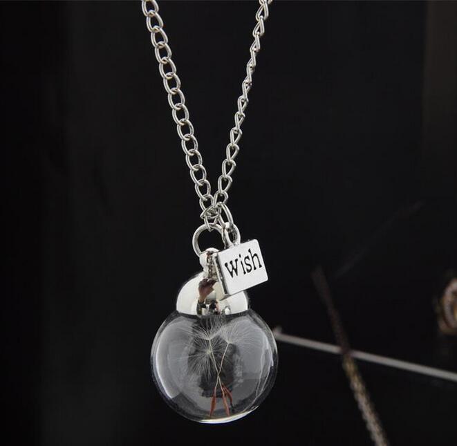Glass bottle necklace Natural dandelion seed in glass long necklace Make A Wish Glass Bead Orb silver plated Necklace jewelry G125