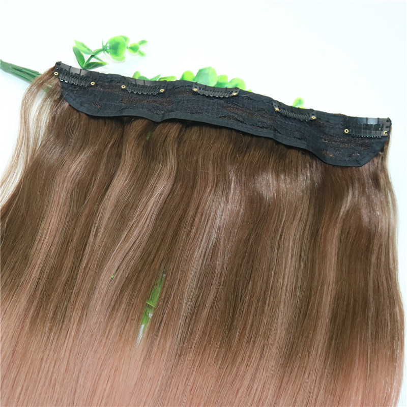 Ombre Rose Gold Pink With Brown Highlights Dark Brown Root One Piece Clip In Human Hair Extensions 5Clips With Lace Remy Human Hair