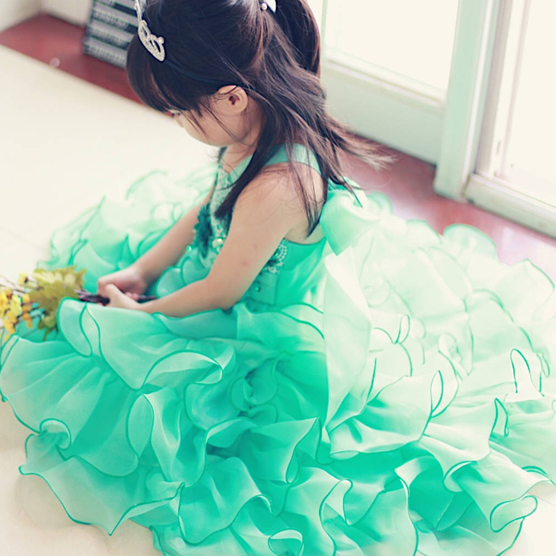 Blue White High Low Flower Girl Dresses For Weddings Organza Ruffles Lace Applique Beaded Little Girl Pageant Party Birthday Communion Dress