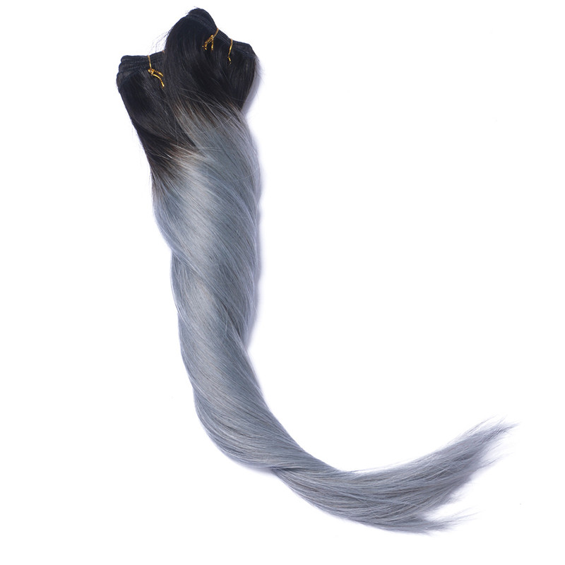 Full Head Clip In Human Hair Extensions Grey Straight Brazilian Virgin Hair Ombre Two Tone Color Dark Root To Grey Hair 120gram