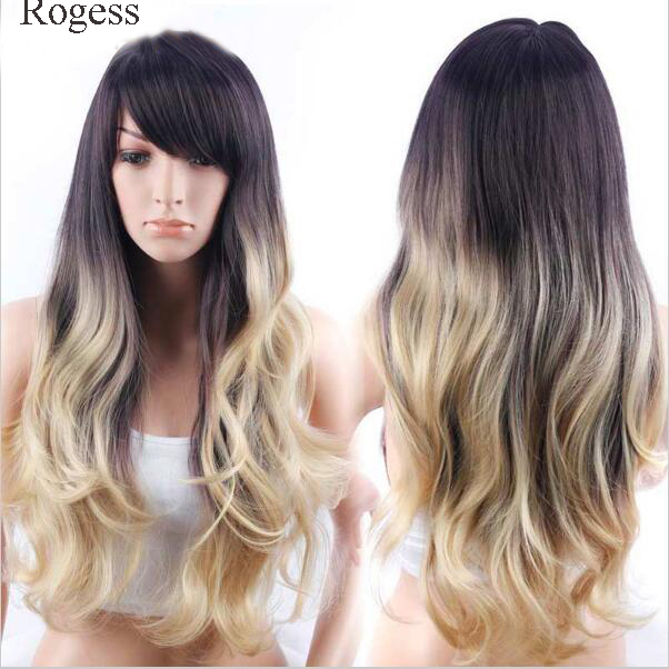 New Fashion Long Wave Black Ombre Blond Synthetic wig with Qi Bangs women's Hair wigs for life Cosplay
