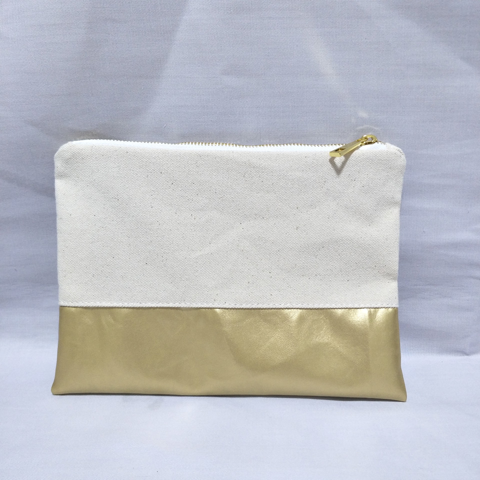 natural cotton canvas cosmetic bag with waterproof gold leather bottom matching color lining gold zip 7x10in makeup bag factory