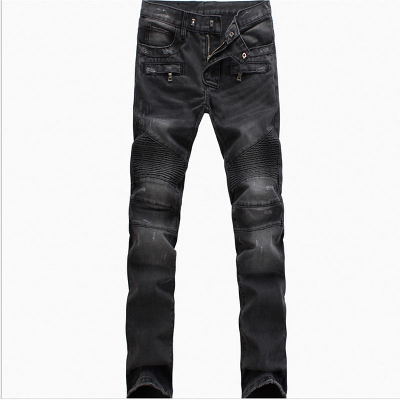 Wholesale-Dark gray new high quality men jeans Slim motorcycle moto biker jeans designer fashion brand thick cotton denim Cargo Pants