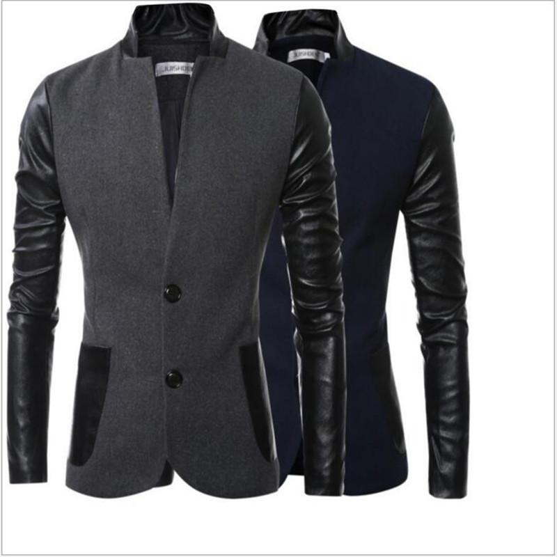 Wholesale- Men blazers 2017 New Men's Fashion design PU leather Patchwork men' s Fit slim stand coat suit jacket Free shipping, Dark grey
Wholesale- Men blazers 2017 New Men's Fashion design PU leather Patchwork men' s Fit slim stand coat suit jacket Free shipping, Dark grey