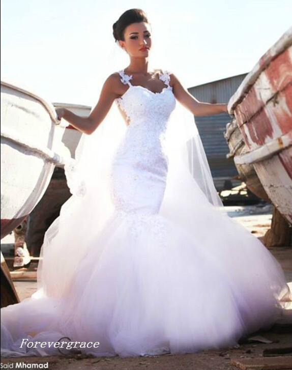 Vintage Sexy Mermaid Long Spaghetti Straps Wedding Dress Lace Bridal Gown With Removeable Train Plus Size Custom Made Vestido De Noiva Longo