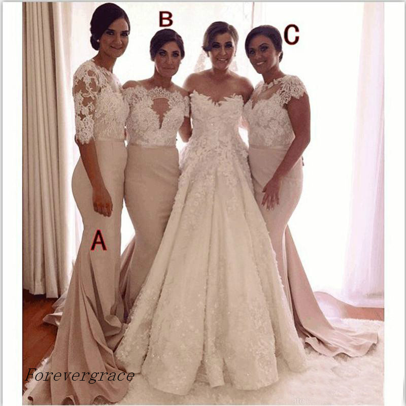 New Cheap Bridesmaid Dress Mermaid Sheer Half Sleeve Mixed Styles Lace Long Maid of Honor Dress Wedding Guest Gown Custom Made Plus Size