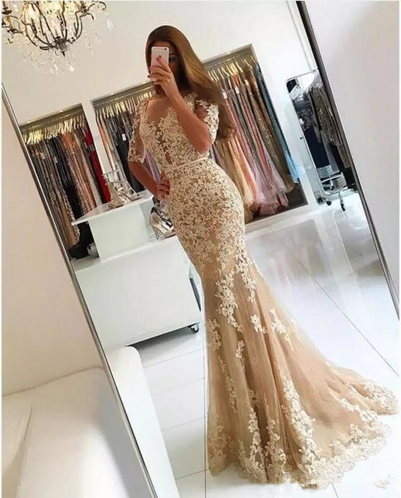 Champagne Lace Mermaid Evening Dresses Applique Sexy Backless Long Prom Dresses With Sleeves Women Party Gowns Formal Engagement Dress