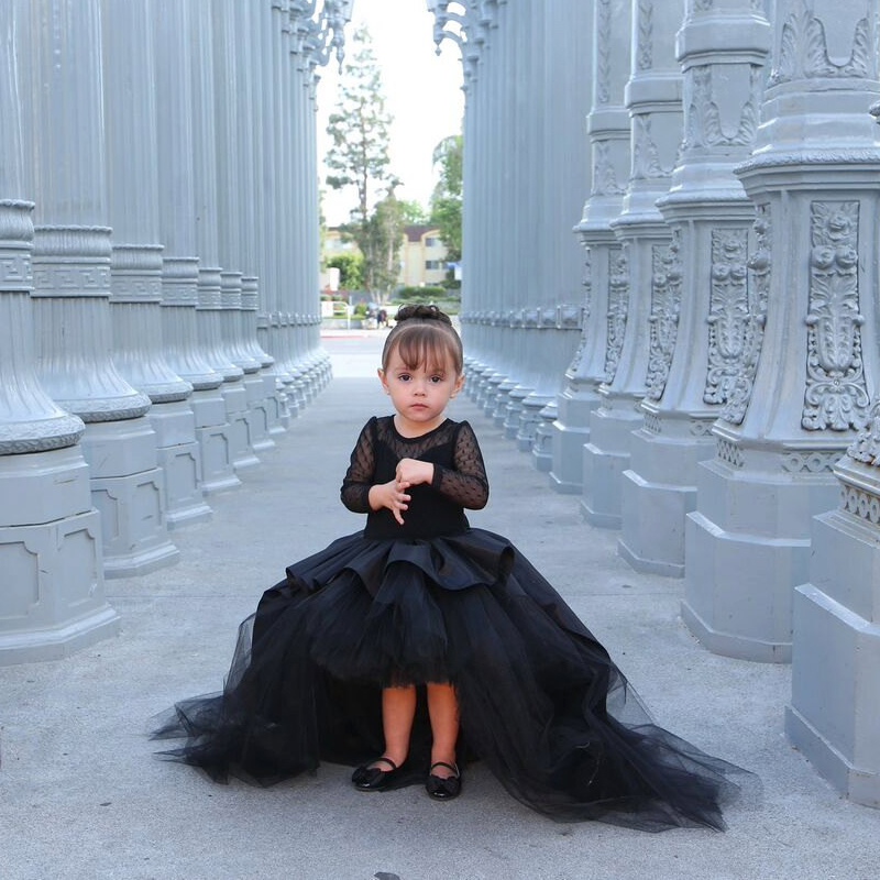 Brand New Black Flower Girl Dresses with Long Sleeve Little Girls KidsChild Dress Party Pageant Communion Dress for Wedding