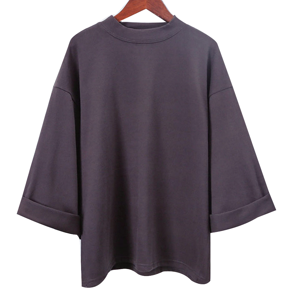Wholesale-Fashion Cotton tshirt Women 2016 New Summer T-shirt Seven Sleeved Solid Turtleneck High Collar Casual T-shirt Tops Women's Tee