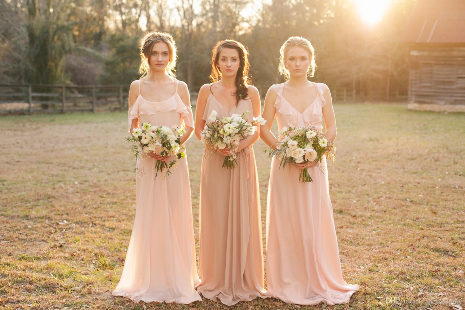 Cheap Country Style Pretty Blush Bridesmaid Dress Mixed Style Blow Chiffon Boho Long Bridesmaid Dresses Beach Wedding Party Gowns