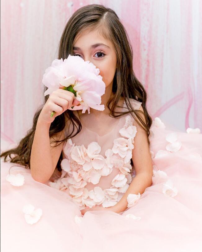 vintage blush childs wedding dress with handmade sheer neck and arabian flower design fg11