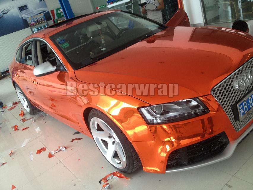 Stretchable Orange Chrome Vinyl Wrap Car Wrap Air Bubble Free Flexible Chrome Wraps Vehicle Easy install chrome foil 1.52x20m/Roll
