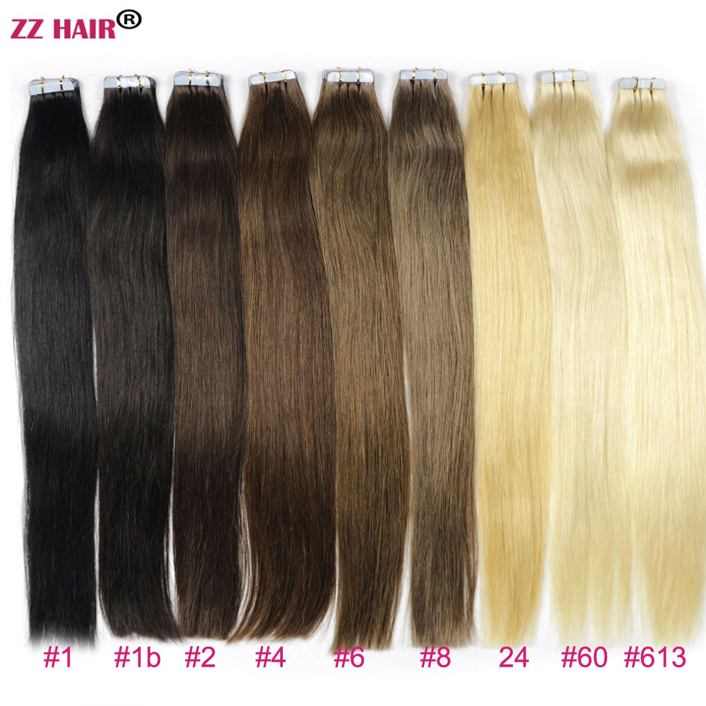 ZZHAIR 14-24 inches 100% Brazilian Tape Remy Human Hair Extensions 20pcs/pack Glue In Hair Skin Weft 30g-70g
