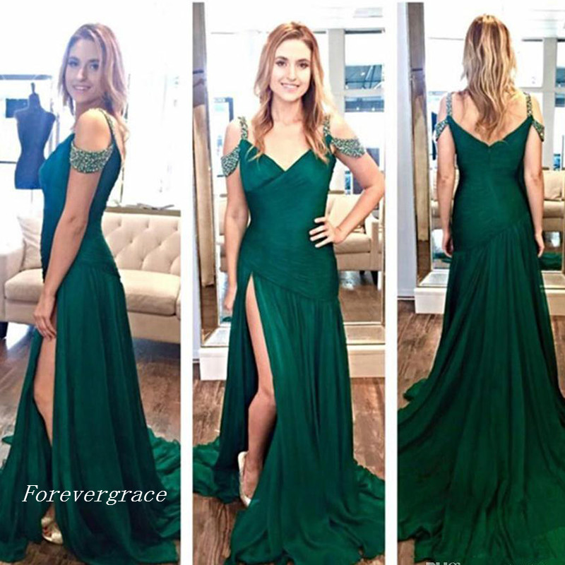 Spaghetti Straps High Slit Chiffon Evening Dress Modest V Neck Emerald Green Sleeveless Formal Party Gown Custom Made Plus Size, Silver
Spaghetti Straps High Slit Chiffon Evening Dress Modest V Neck Emerald Green Sleeveless Formal Party Gown Custom Made Plus Size, Silver