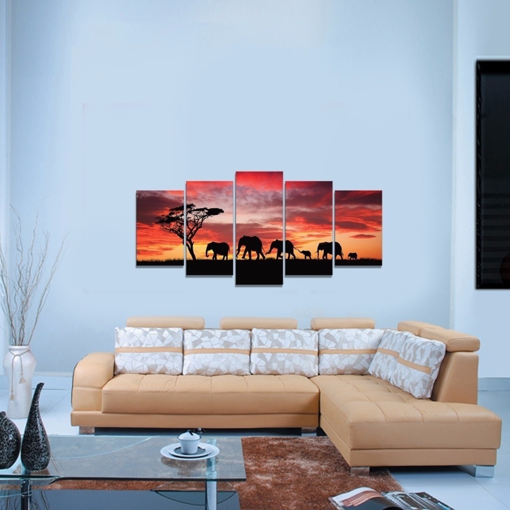 5Panel Modern Africa Elephant Landscape Oil Painting on Canvas for Living Room Wall Art Gift Decoration Home No Frame
