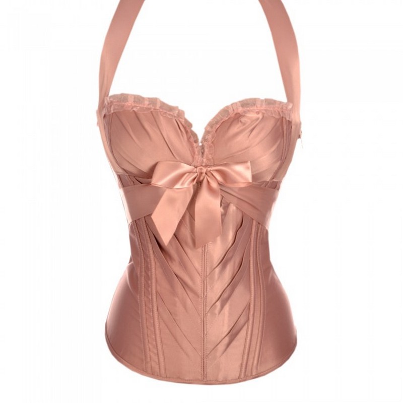 Side Zipper Satin Halterneck Push Up Overbust Bustier Ribbon Front Padded Corsets Women's Bridal Dancing Corset Top 6 Colors Light Weight