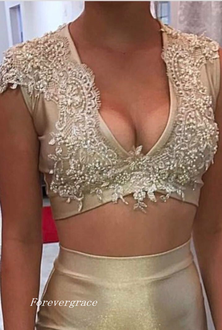 V Neck Champagne Gold Two Piece Mermaid Long Prom Dress Beaded Lace Satin Women Formal Evening Party Gown Custom Made Plus Size