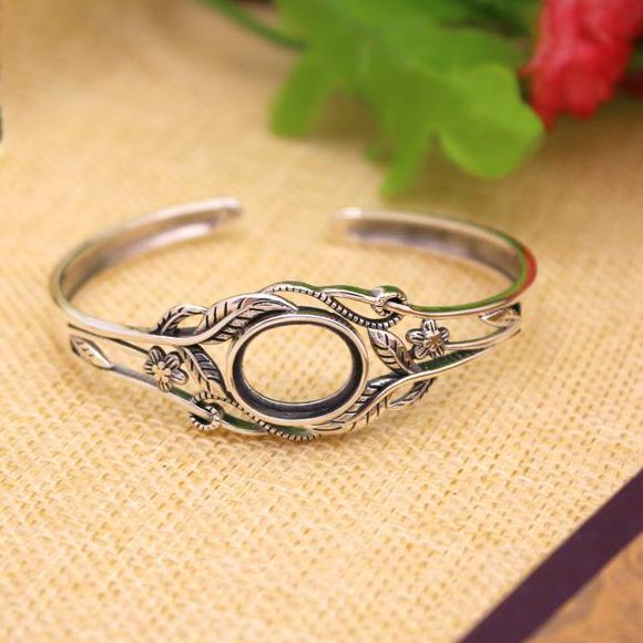 Art Nouveau Flower 12x15mm Oval Cabochon Semi Mount Bracelet 925 Sterling Silver Antique Retro Flower Leaves